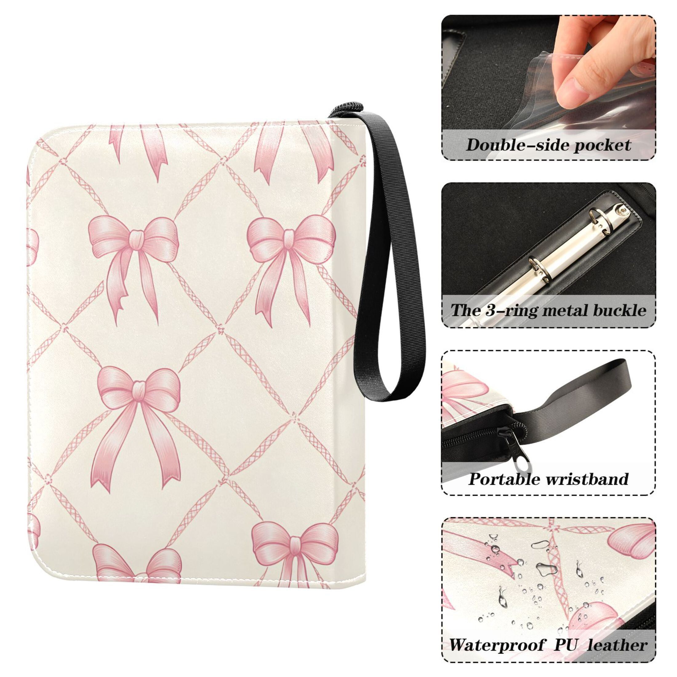 Trading Card Binder Album 400 Pockets 50 Removable 4-Pocket Pages Waterproof Pink Bow and Plaid