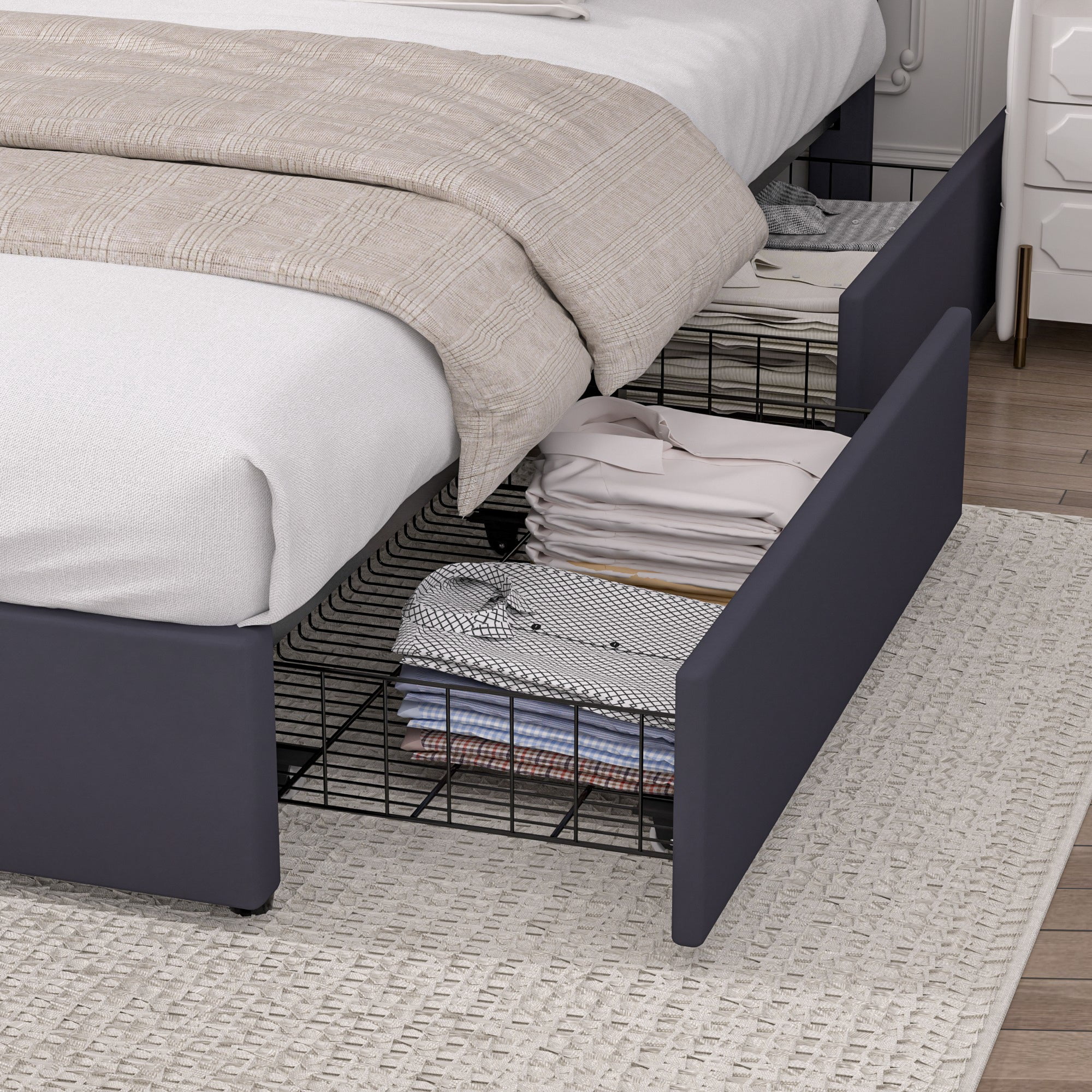 VECELO Upholstered Platform Bed Frame with 4 Storage Drawers, King Size Bed Frame with Adjustable Headboard, No Box Spring Needed, Black