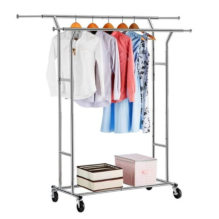 Rolling Garment Rack, 2 in 1 LANGRIA Double Rail Clothes Rack, Commercial Grade Height Adjustable Heavy Duty Clothing Racks With bottom shelves to store shoes, boxes, or bags, Chrome