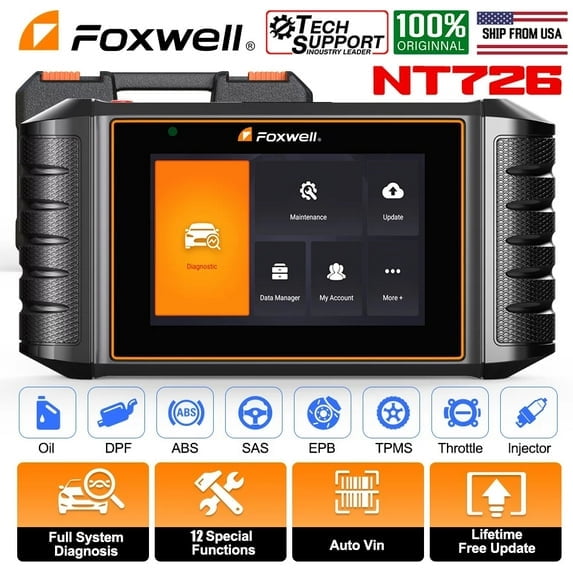FOXWELL NT726 OBD2 Scanner Automotive All System Diagnostic Tool 12 Reset BMS Service Suspension ABS Bleeding Injector Coding Throttle Reset OBDII Code Reader Automotive Scanner