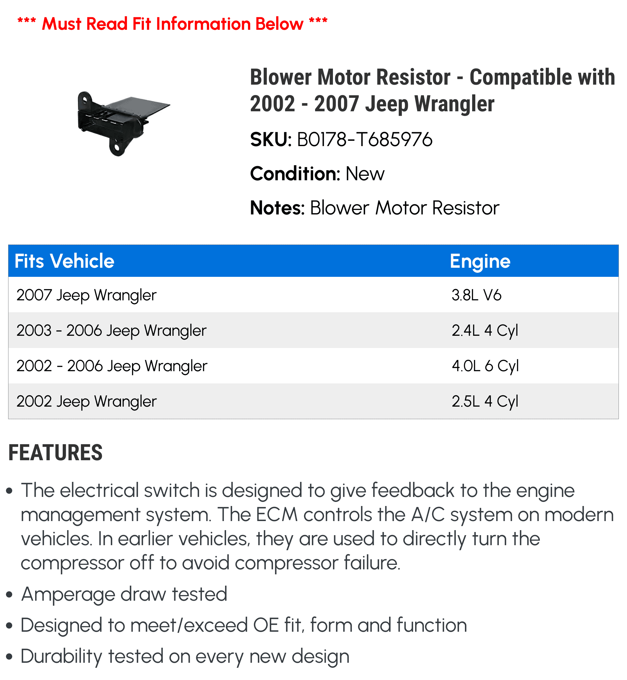 Blower Motor Resistor - Compatible with 2002 - 2007 Jeep Wrangler 2003 2004 2005 2006
