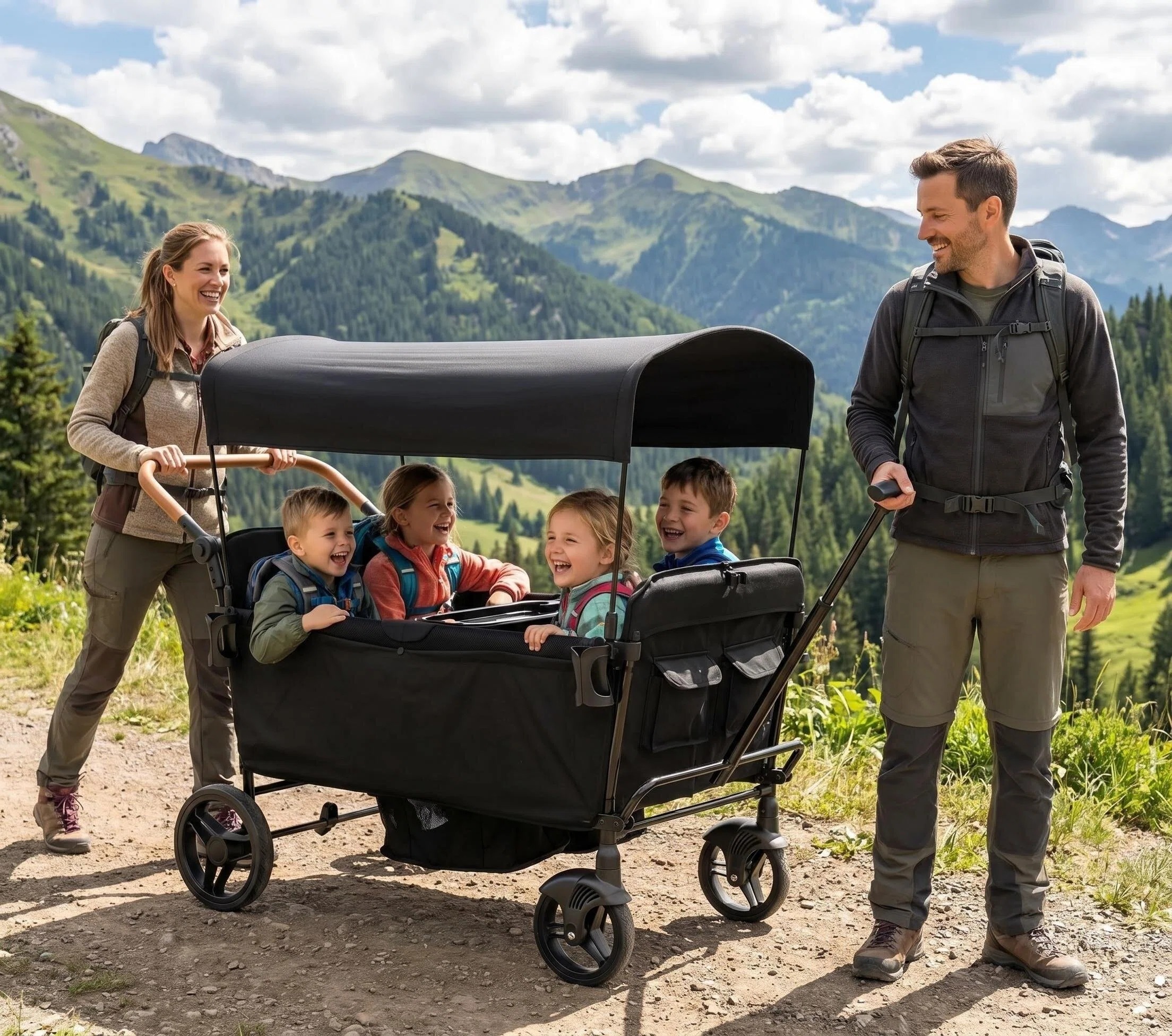 Wagon Stroller for 4 Kids-Toddler with 5-Point Harness,Adjustable Handle Bar and Canopy,Footwells,Tray Table,Cup Holder