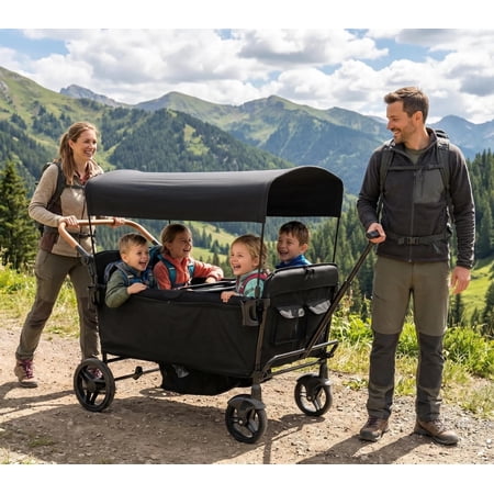 Wagon Stroller for 4 Kids-Toddler with 5-Point Harness,Adjustable Handle Bar and Canopy,Footwells,Tray Table,Cup Holder