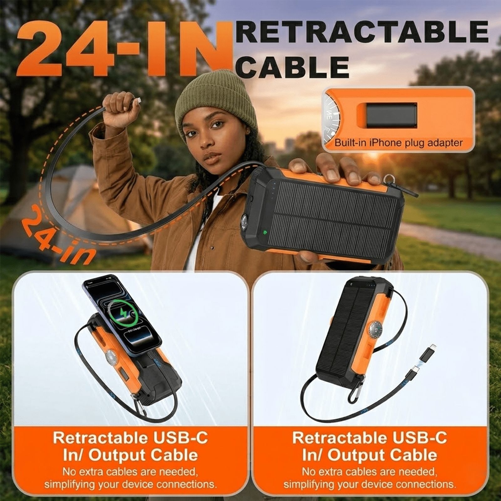 20000mAh Solar Power Bank Built in Retractable Cable and Hand Crank, Wireless Portable Charger with Flashlight & Compass, 22.5W Fast Charge Battery Pack for Camping Hiking Outdoor Travel Essentials
