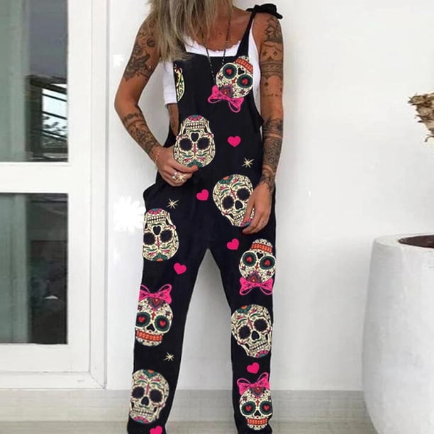 Monos con varios estampados de tallas grandes, monos con peto de informales de pierna recta largos Cráneo Bowknot