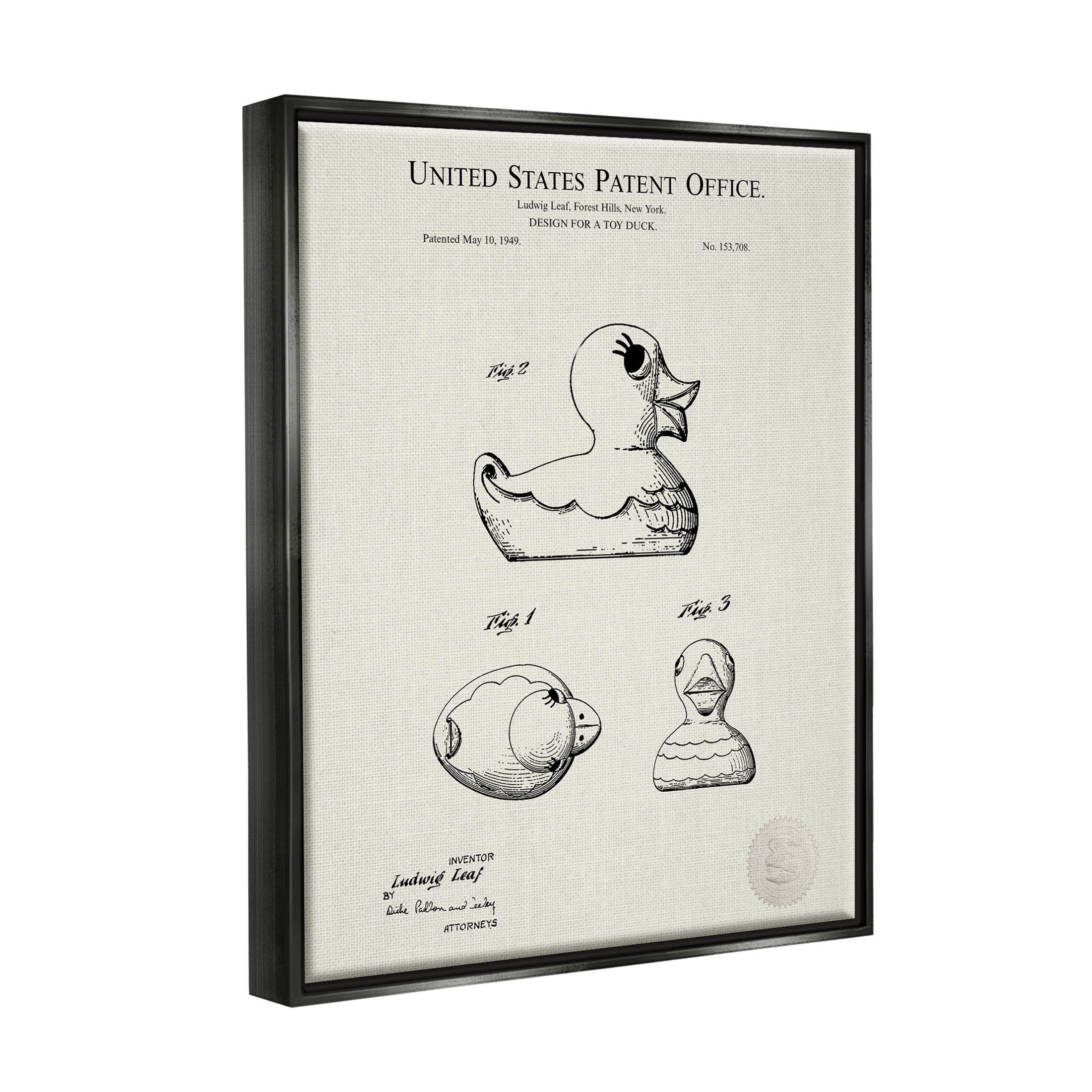 Stupell Industries Vintage Duck Toy Patent Graphic Art Jet Black Floating Framed Canvas Print Wall Art, Design by Karl Hronek
