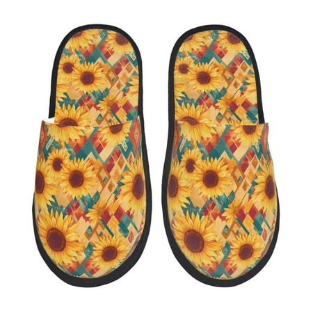 Balery Diamond Bohemian Sunflower Slient Indoor Furry Fleece Comfort House Shoes Soft Non-Slip Home Shoes Cotton slippers House Slippers-- Medium