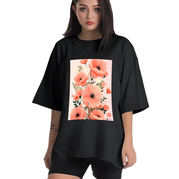 Plus Size Shirt for Women Black Tops for Women Short Sleeves Shirt for Women Flowers 06 T Shirt Crewneck Shirt for Women XS