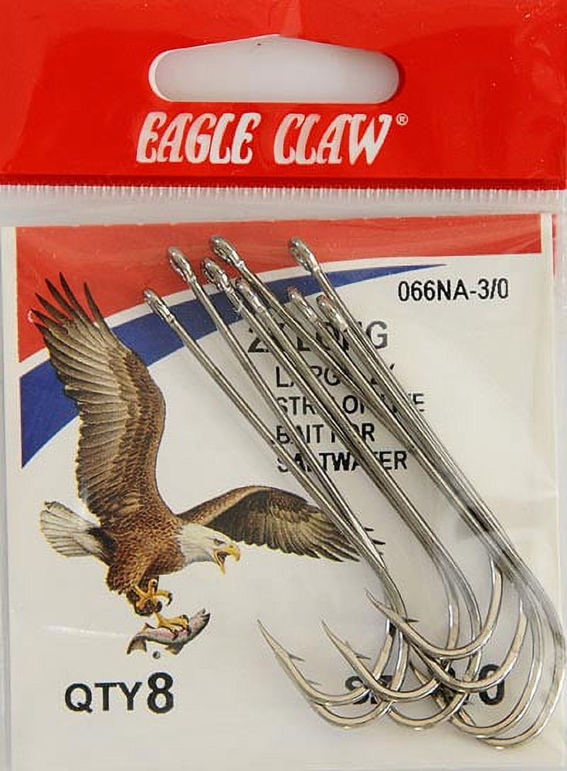 (5 pack) Eagle Claw 066NAH-3/0 2X Long Shank Offset Hook, Nickel, Size 3/0, 8 Pack