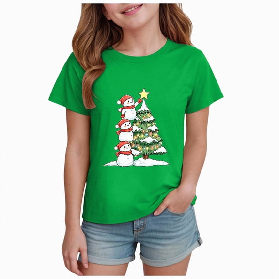 sdbrld Little Girls Christmas T-shirt Kids Cute Cartoon Short Sleeve Graphics Tee Top Clothes Sizes 5-6 Years
