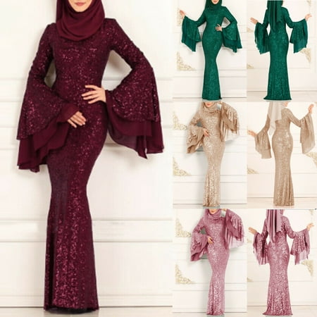 Women Sequin Long Sleeve Evening Muslim Islam Kaftan Dubai Abaya Maxi Dress