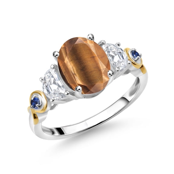 Gem Stone King 925 Silver and 10K Yellow Gold 3-Stone Ring Oval Brown Tiger Eye and Moissanite (2.00 Cttw, Size 9)