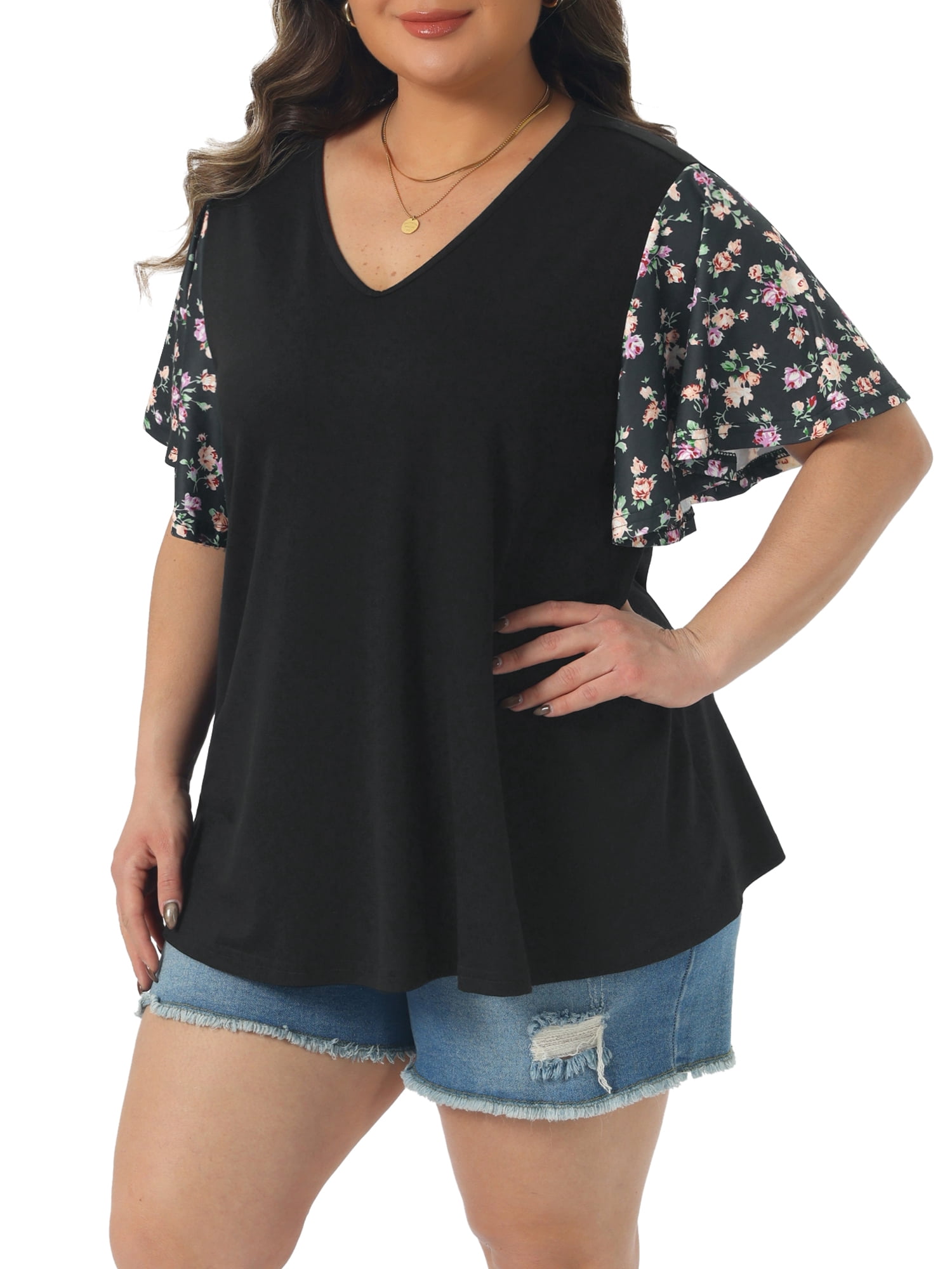 DARING DIVA Women's Plus V Neck Floral Flutter Sleeve Blouse Casual 4X Black