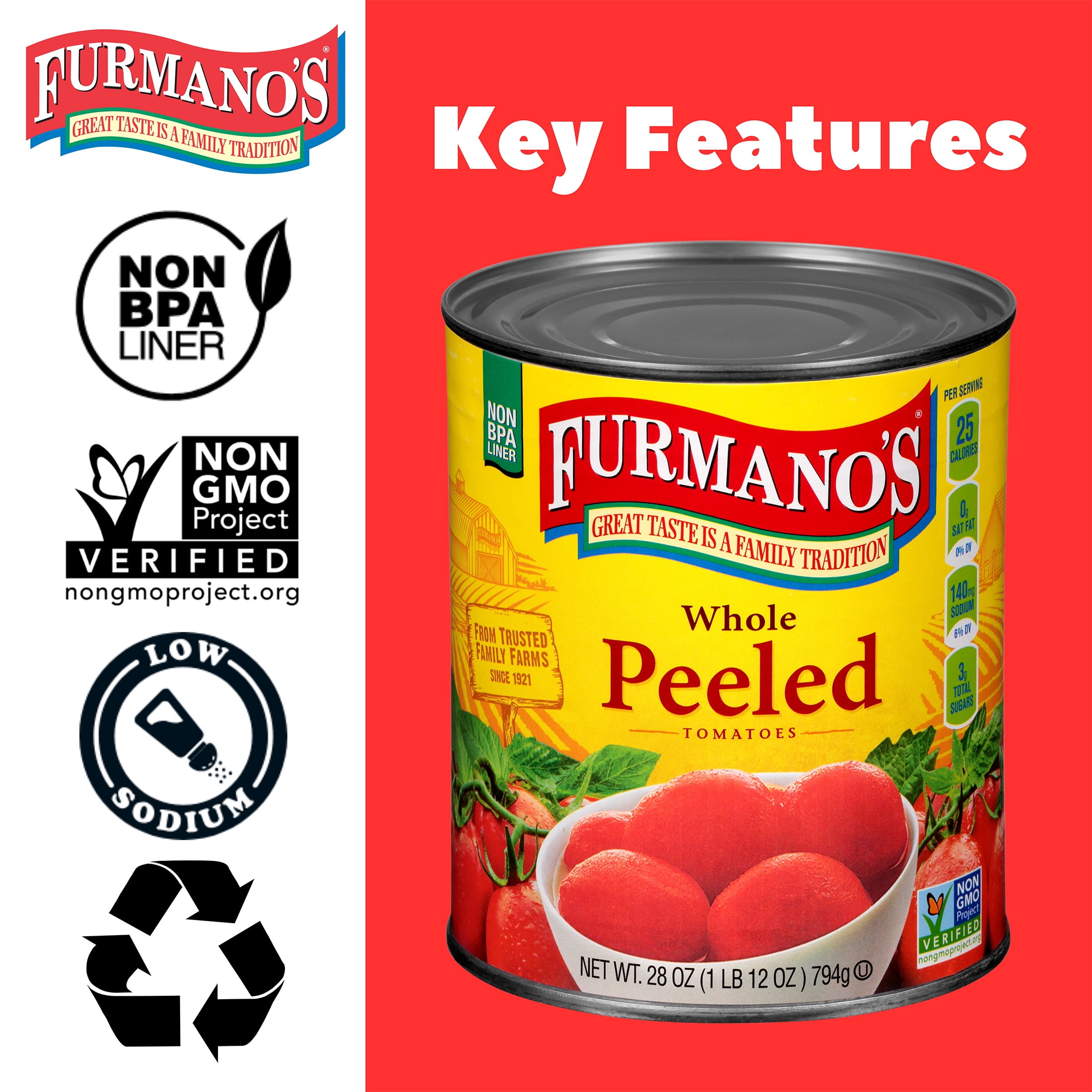 (6 pack) Furmano's Whole Peeled Tomatoes, 28oz, Can