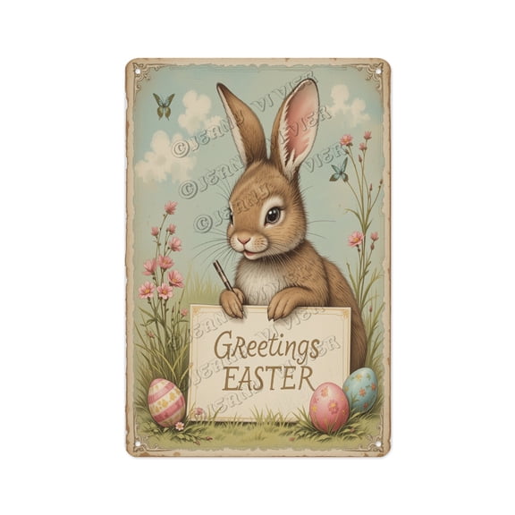 Antique Aluminum Sign Featuring a Bunny Writing an Easter Greeting, 8 x 12 Inches, Bring Some Charm to Your Bathroom, Kitchen, or Bedroom with This Playful Decor