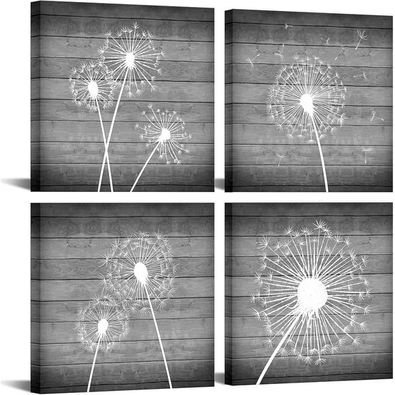 Dandelion Canvas Wall Art White and Grey Paintings Picture Decor Modern Bedroom Bathroom Decorations (12x12inchesx4pcs)
