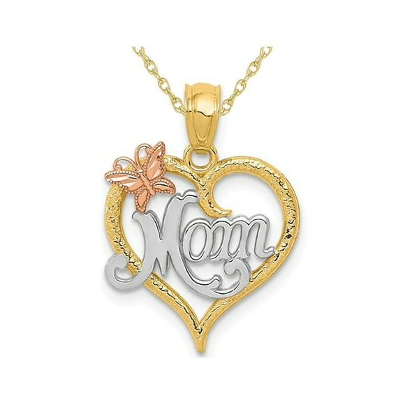 MOM Heart Butterfly Pendant Necklace in 14K Yellow and White Gold