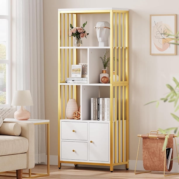 Gold estante moderno de libros con cajones: de altura standing metal frame estante, grande para exposición rack, ideal para para dormitorio, sala de estar, home o oficina