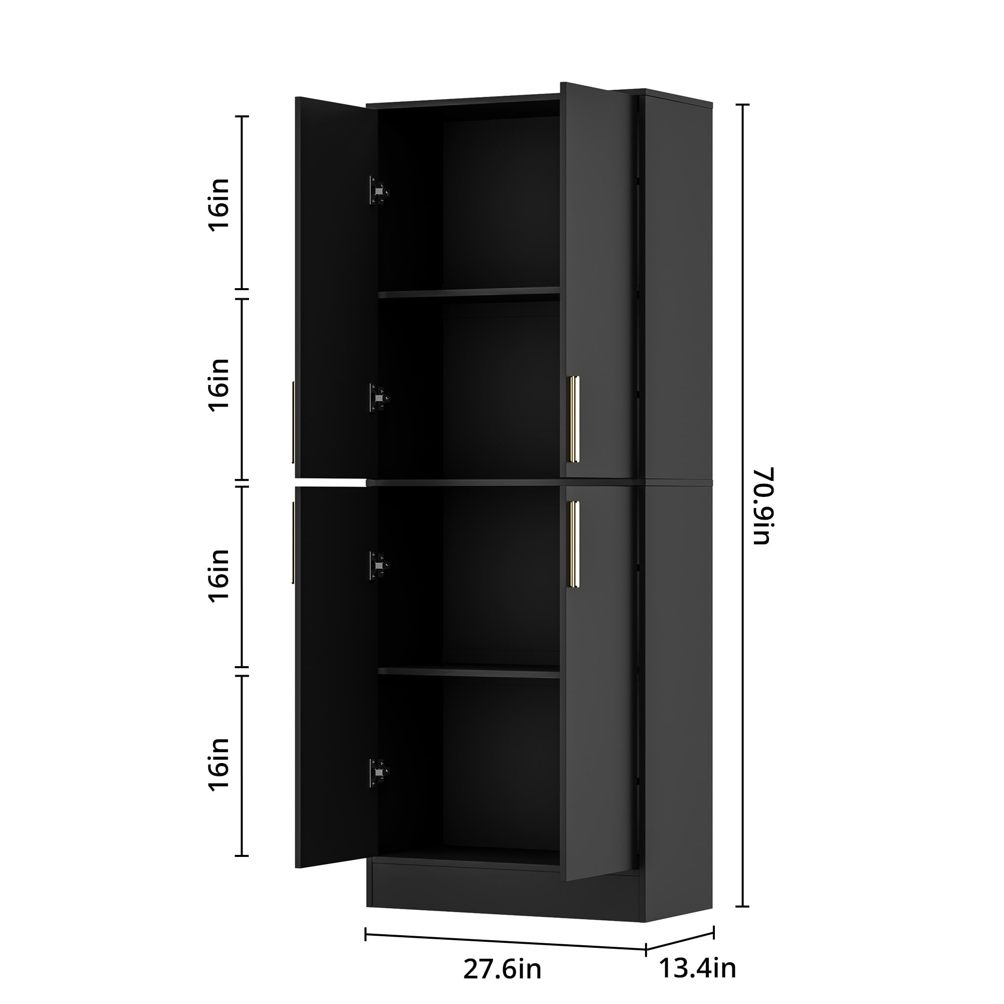 71" Tall Kitchen Pantry Storage Cabinet, Pantry Cabinet with 4 Doors, Freestanding Larder Cupboard, Kitchen Hutch with Gold Handles for Dining Room, Bathroom, Black