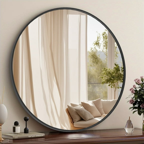 JOINSUN 24" Round Circle Wall Mirror, Thin Frame HD Glass for Bathroom, Bedroom, Vanity, Black