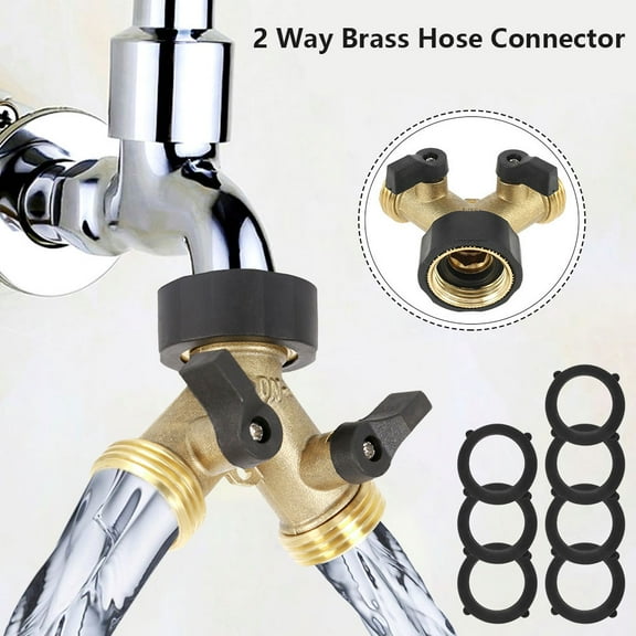 Jytue 2 Way Garden Hose Splitter Y Valve Hose Connector Double Tap Female Brass Hose Adapter Connector for 3/4" Supply Hoses Outdoor Garden Faucet with 7 Rubber Hose Washers