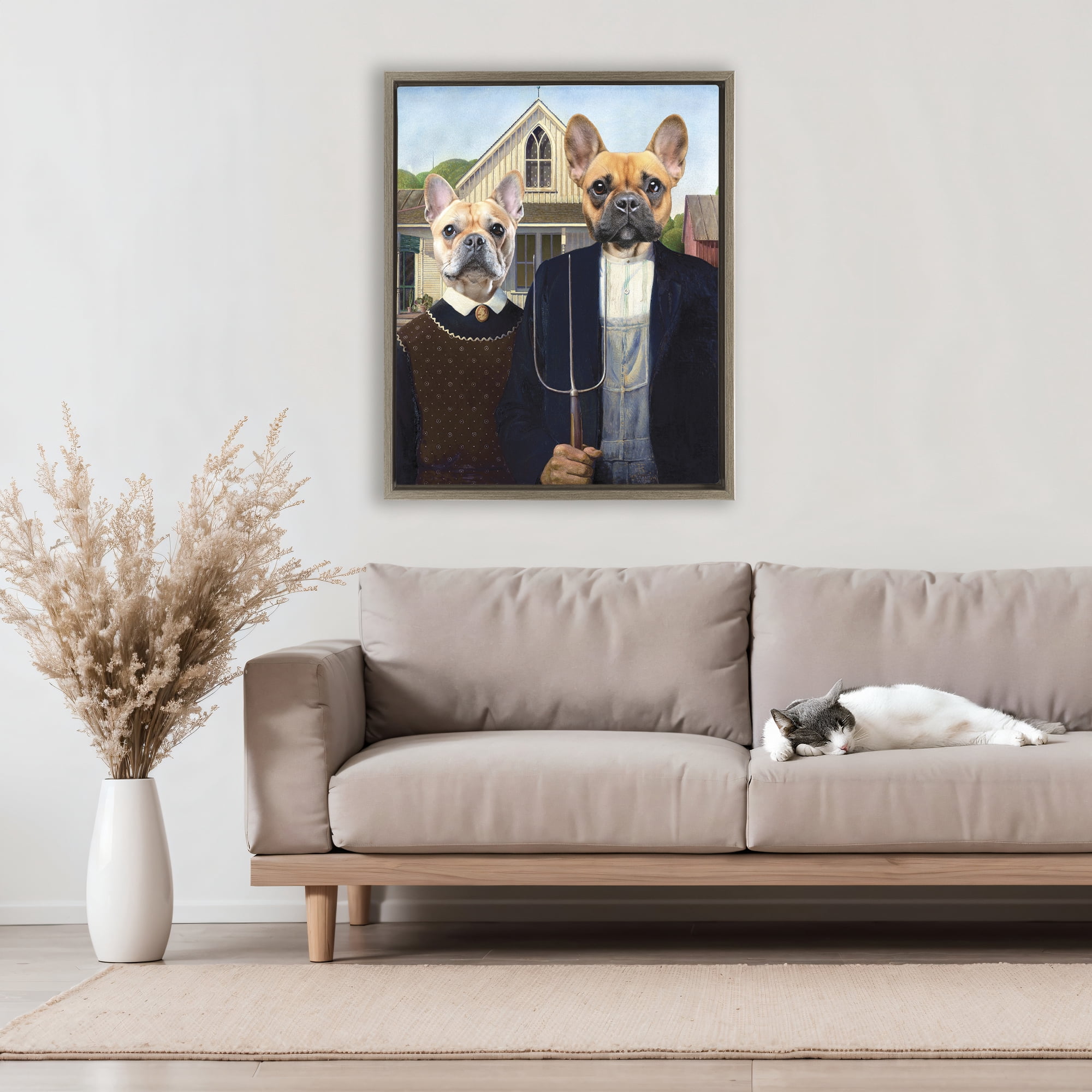 Stupell Industries French Bulldogs Iconic Farmers Brown Framed Floater Canvas Wall Art, design by Grotto Studios