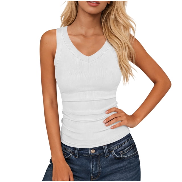 Mujeres Blusas de Verano sin Mangas Cuello en V Cuello Sólido Camiseta con Cojín de Pecho, Ligera Blusa Casual