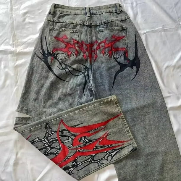 Vaqueros con estampado gótico Retro de Hip Hop americano para mujer Y2K, nueva venta de calle, pantalones de pierna ancha rectos sueltos, pantalones vaqueros Joker Unisex