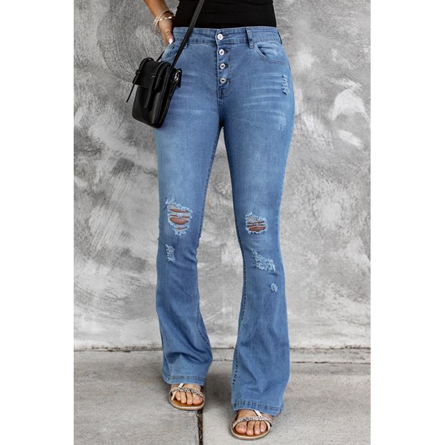 ABPHQTO Denim acampanado con botones delanteros de talle medio azul claro para mujer