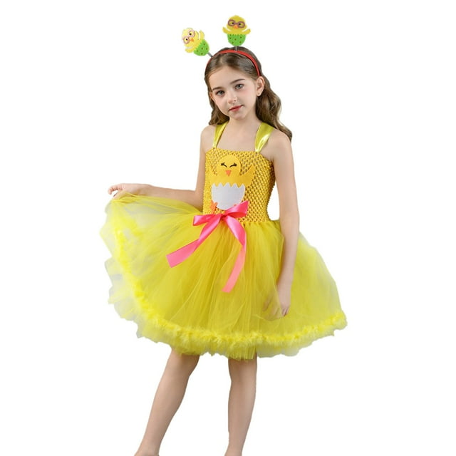 PMVFHDE Adolescentes Mode Pâques Dessin Animé Lapin Oeuf de Pâques Fille Bandeau Robe Douce Scène Performance Jeu de Rôle Ensemble Deux Pièces Tenue de Fête Ensembles pour Filles Jaune,10-12 Ans