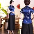 thumbnail image 4 of Women Chinese Plum Blossom Short Sleeve Stand Collar Buttons Slim Blouse Shirt, 4 of 7