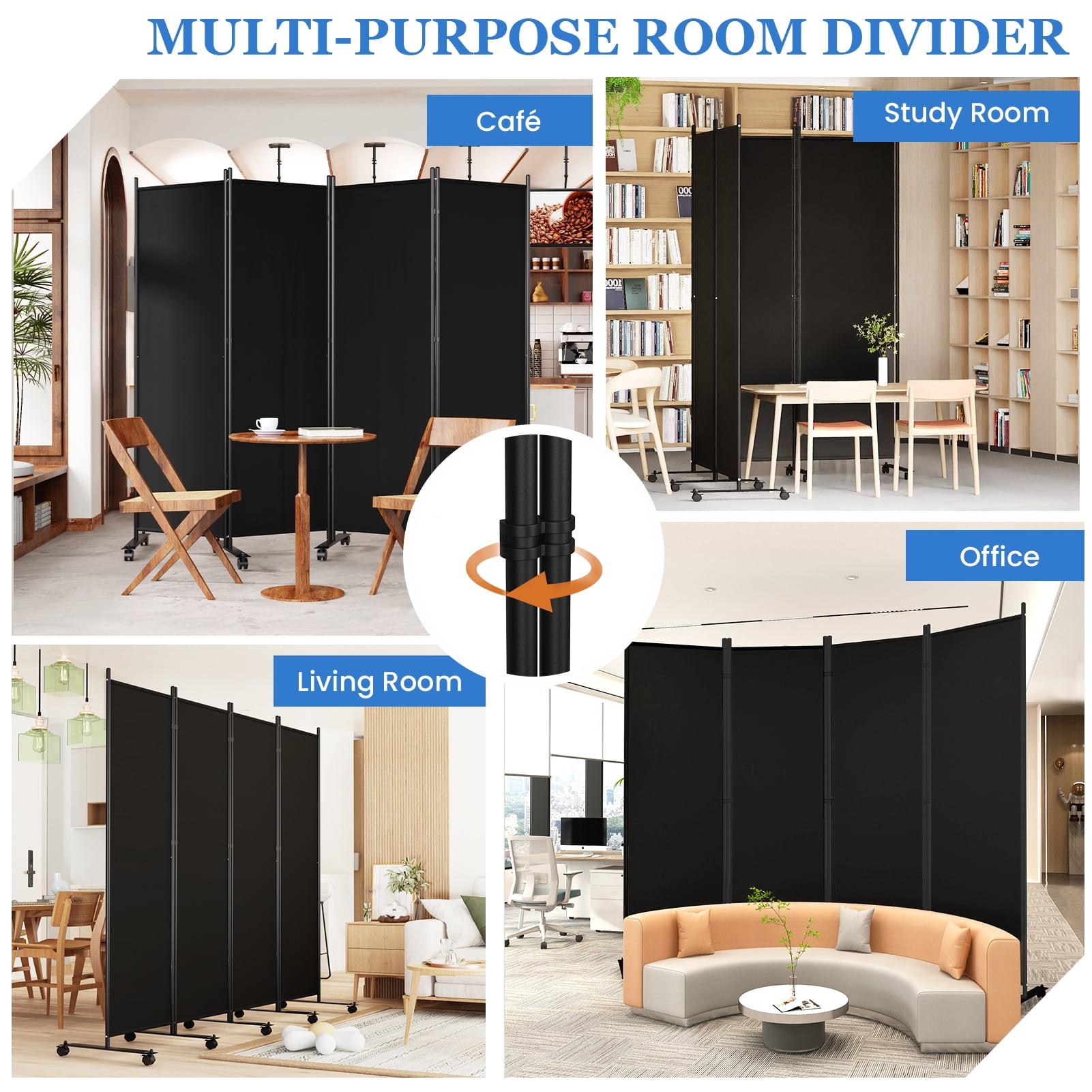 SUNALLY Rolling Room Dividers 6FT 4 Panel, Folding Privacy Screens with Lockable Wheels, 88" W Portable Wall Divider Room Separation for Porch Living Room Dorm Studio Office, Black
