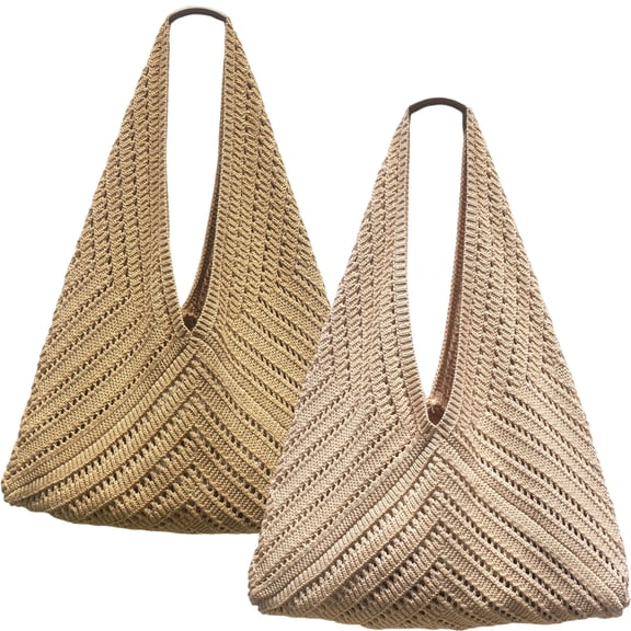 2 Pack Crochet Tote Bag for Women, Large Hollow Knit Shoulder Bag, Lightweight Casual Handbag for Beach, Shopping and Daily Use