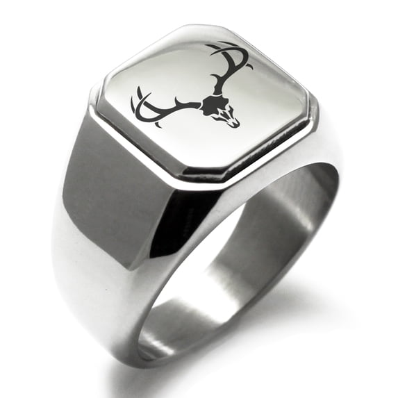 Stainless Steel Colossal Antlers Engraved Square Flat Top Biker Style Polished Ring