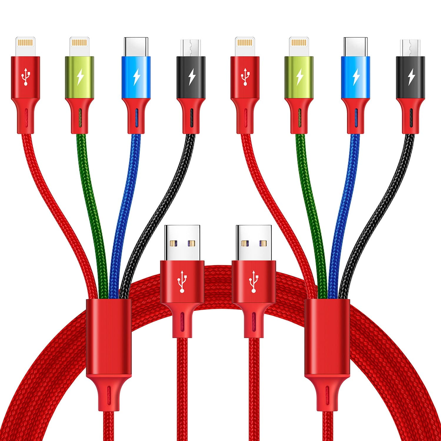 RGHJAR-Multi USB Charging Cable 4A, 4-in-1 Braided Charging Cord, Multi Charger Cord, Multiple USB Cable with IP/USB C/Micro Ports Adapter for Cell Phones/iPhone/Tablets/Samsung/Pixel/PS More (2Pack/