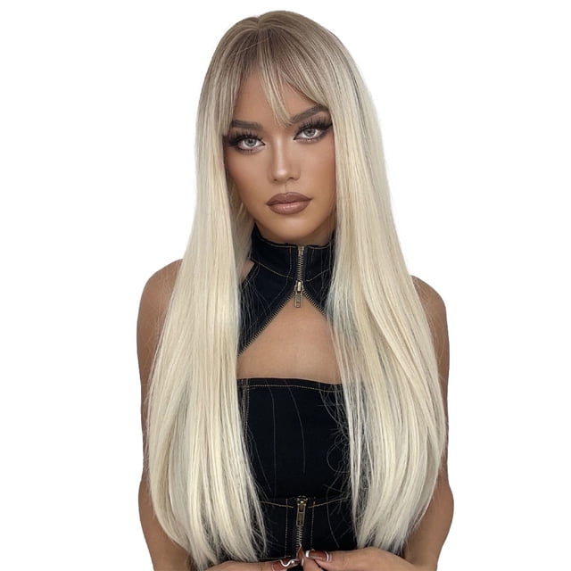 Long Black Wig Human Hair with Bangs and Wig Cap Glueless Straight Natural Wigs 26 Inch
