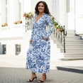 thumbnail image 3 of FKELYI Fall Maxi Dress for Women Long Sleeve V Neck Wedding Guest Dresses Blue Flower Horse Print Flowy A-Line Elegant Dress with Pockets, XL, 3 of 6