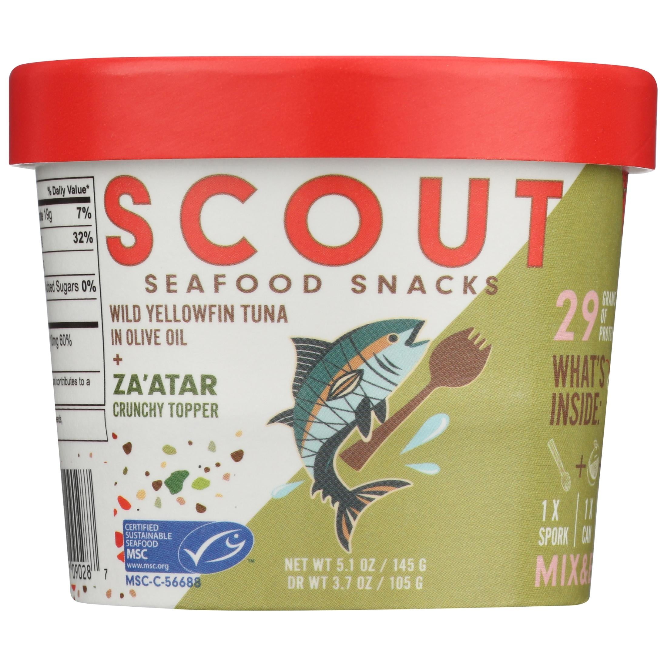 (2 pack) Scout Tuna Snack Kit, Za'atar, Wild Yellowfin Tuna + Crunchy Mix-in for 29g of Protein on the Go with Spork, 5.1oz Cup