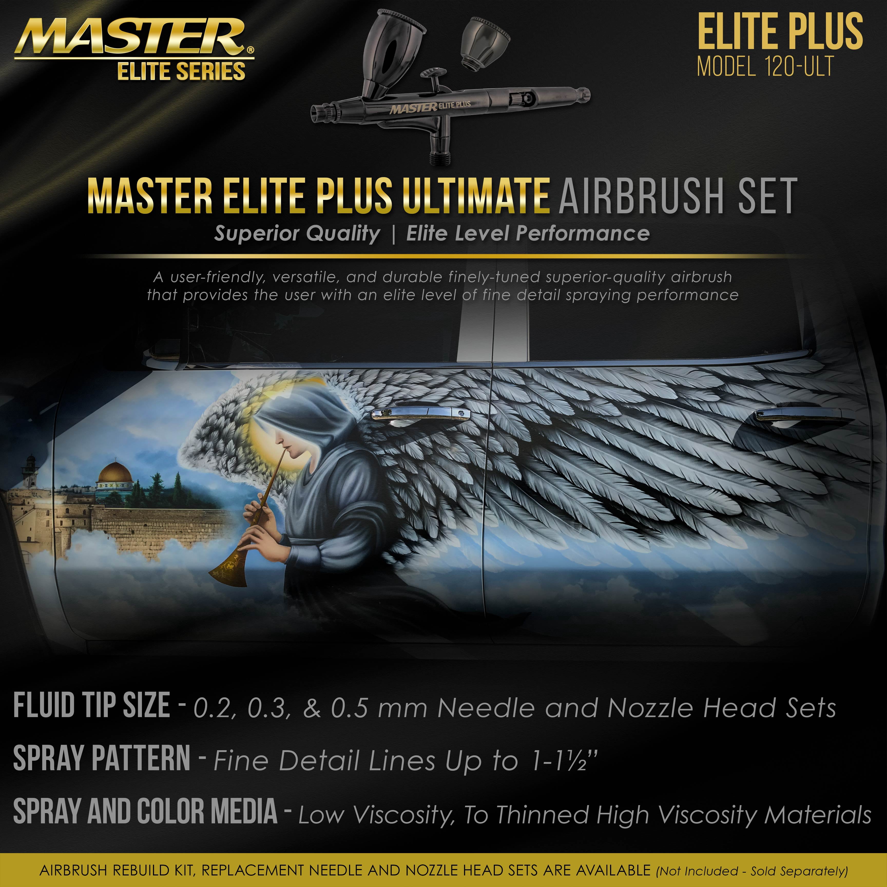 Master Elite Plus Ultimate Airbrush Set, Model 120 - Elite Level Spray Performance Dual-Action Gravity Feed Airbrush Kit with 3 Tips 0.2, 0.3 and 0.5 mm, 2 Cups, Filter, Case - Auto Art Cake