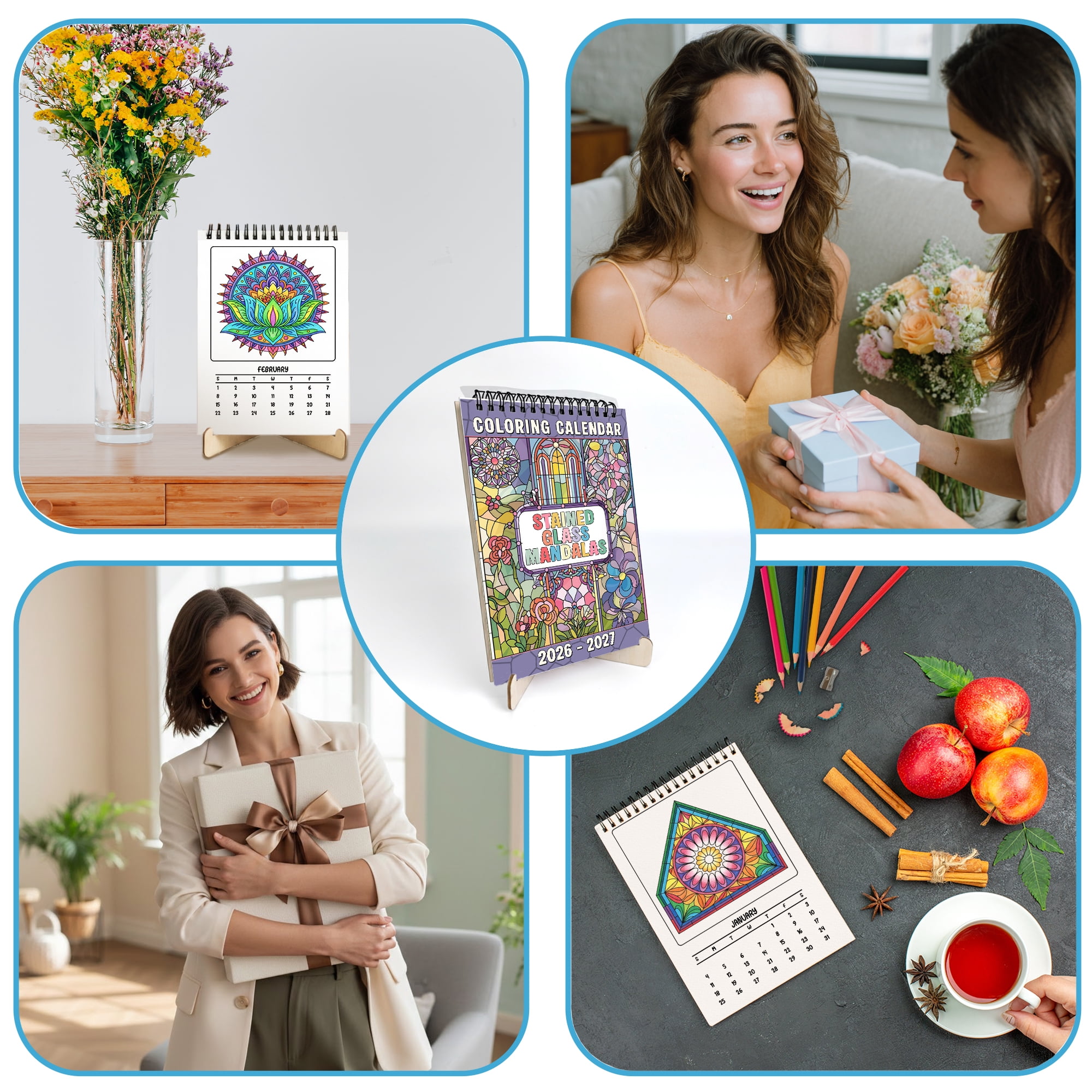 Stained Glass Mandalas Coloring Desk Calendar 2026–2027, A5 Wooden Cover Planner with 26 Easy Coloring Pages for Adult Relaxation, 24 Month Desktop Calendar with Stand, Gift for Family & Friends