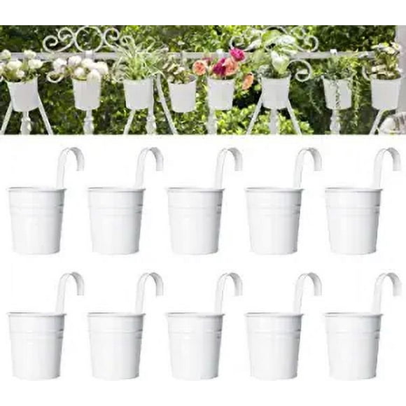 10 Pcs Hanging Flower Pots Metal Iron Bucket Planter for Railing Fence Balcony Garden Home Decoration Flower Holders with Detachable Hooks, White, 4 I