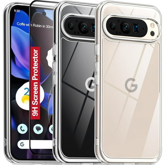 KOMI for Google Pixel 9 Pro XL Case Clear, [20X Anti-Yellowing] Transparent Shockproof Pixel 9 Pro XL Phone Case with [Tempered Glass Screen Protector][Built-in 4 Airbags][10FT Military] (Clear