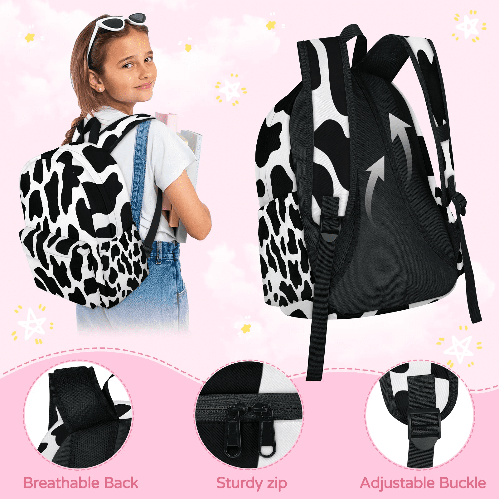 Herdesigns Black White Backpack for Men Women, Lightweight Laptop Backpack 16.3 Inch Fun Cow Print Farm Animal Casual Daypack for Travel Work Commuter