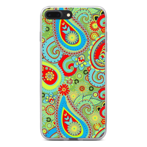 DistinctInk Clear Shockproof Hybrid Case for iPhone 7 PLUS / 8 PLUS (5.5" Screen) - TPU Bumper, Acrylic Back, Tempered Glass Screen Protector - Green Red Blue Paisley