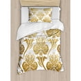 thumbnail image 3 of Damask Queen Size Duvet Cover Set, Ombre Abstract Image with Floral East Asian Inspired Details Print, Decorative 3 Piece Bedding Set with 2 Pillow Shams, Caramel and Pale Yellow, by Ambesonne, 3 of 3
