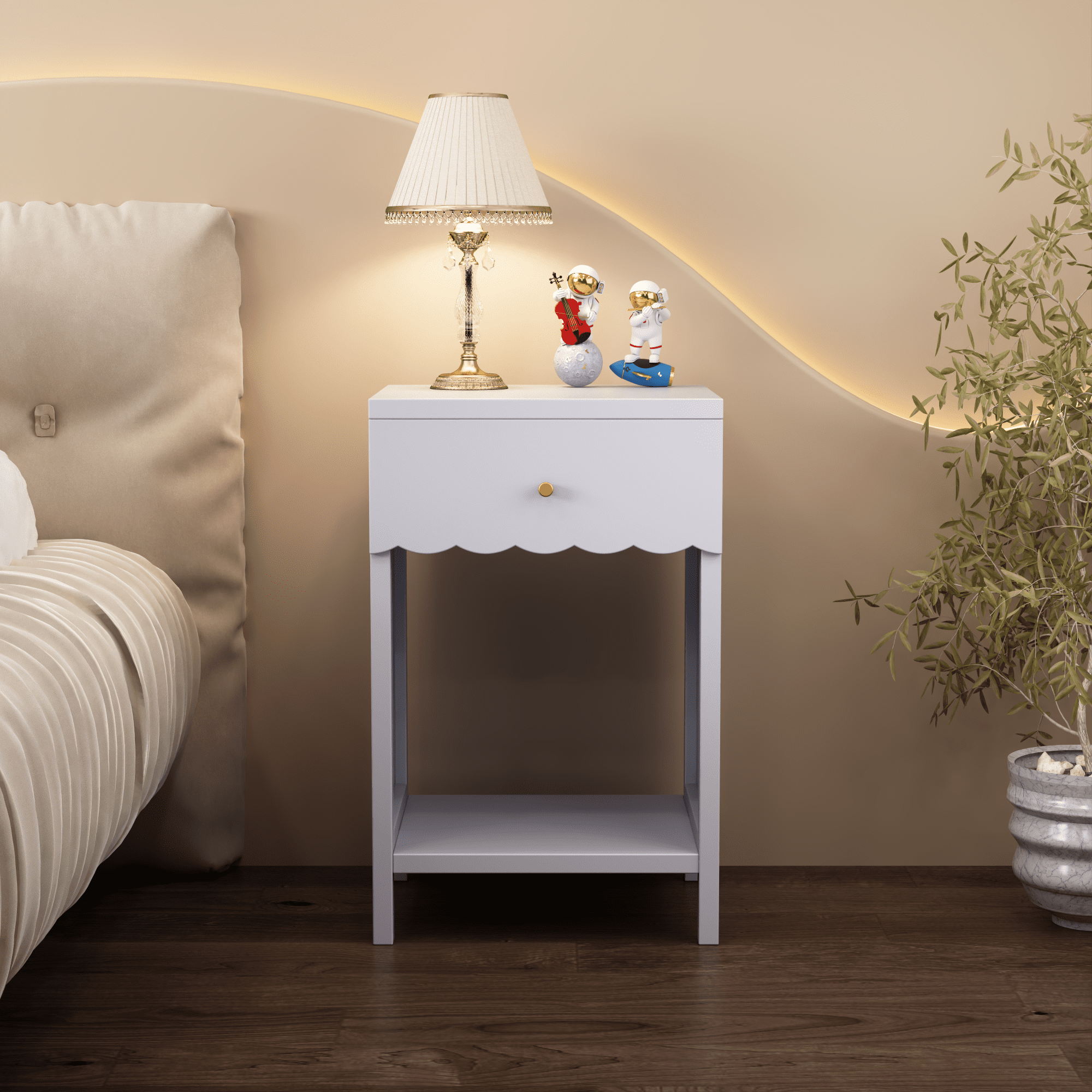 Modern Nightstand with Drawer and Open Shelf,Scalloped Edge Bedside Table for Bedroom, Cute Minimalist Side Table for Kids Room or Girls' Room,Light Purple