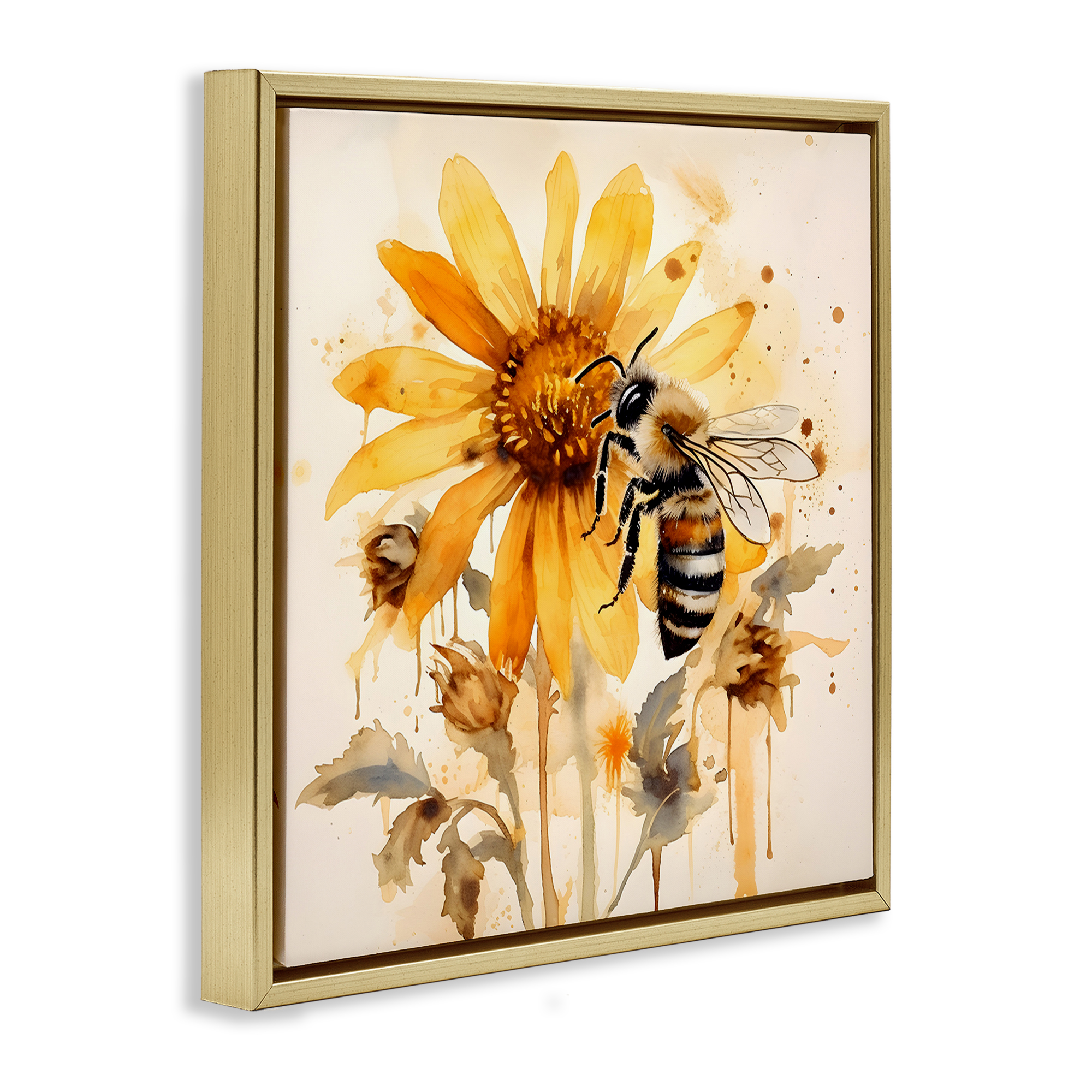 Stupell Industries Busy Bee with Flower Animals & Insects Painting Gold Floater Framed Canvas Art Print Wall Art, 25 x 25