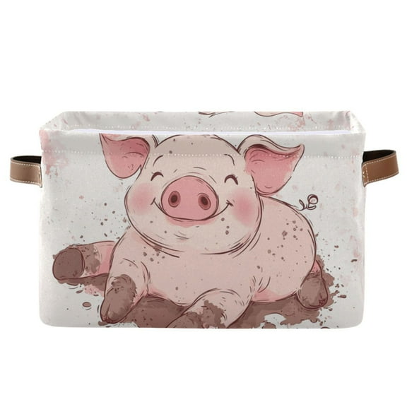 WOBOGO Pink Pig Square Storage Basket with Waterproof Canvas and PE Lining Durable PU Leather Handles 14.2×10.2×8.3in