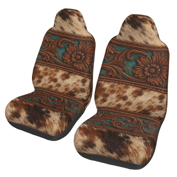 Western Tooled Leather Pattern Art Car Seat Cover 2 Pcs Auto Front Bucket Seats Protector Cushion Universal Vehicle Truck SUV