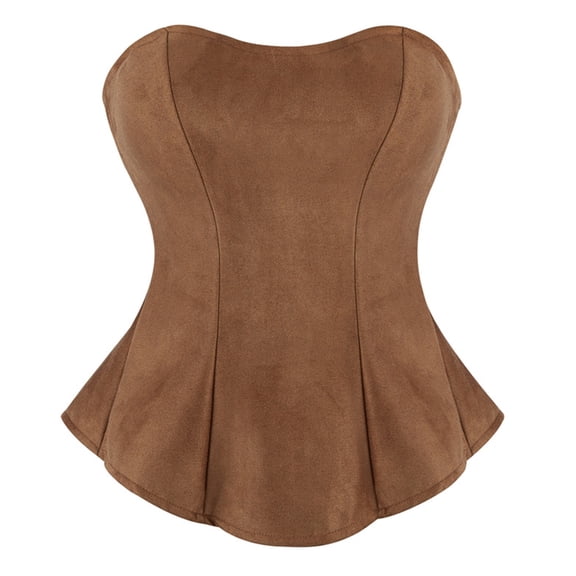 Women's Brown Suede Sweetheart Strapless Corset Flared Scalloped Hem Steel Boned Shaping Bodice for Western Vintage Style